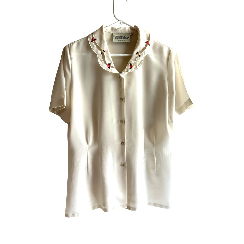 Vntg White Babydoll Blouse Peter Pan Embroidered Collar Top Susan Bristol Sz 10